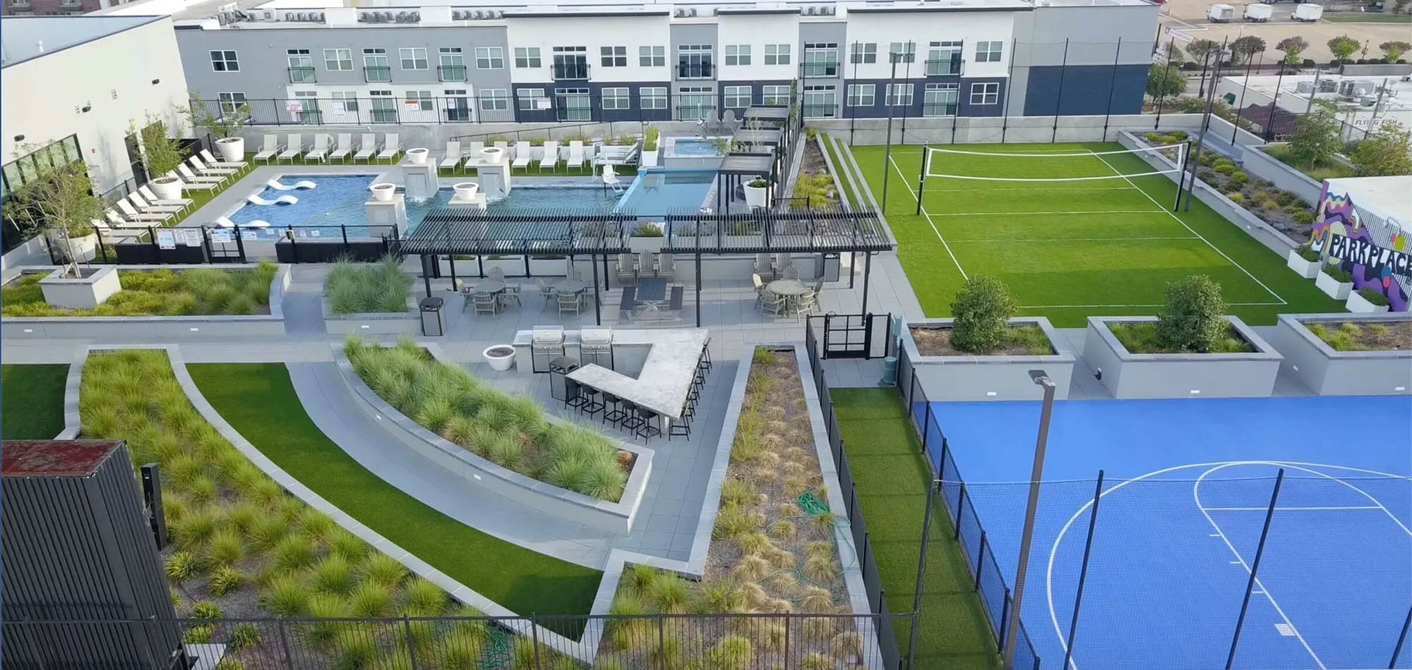 Resort-style pool and sports courts.